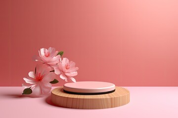 Obraz na płótnie Canvas 3d Japanese style minimal background. pink podium and cherry blossom background for product presentation.