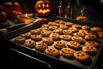 Making Halloween Cookies: Baking Tray Full of Spooky Shapes - AI Generated