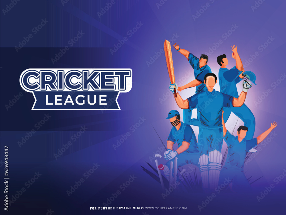 Sticker cricket league poster design with faceless character of cricket player team in different poses.