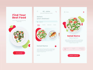 Online Food Order Mobile App UI Including as Login, Choice Dishes, Description Screen Against Pink Background.