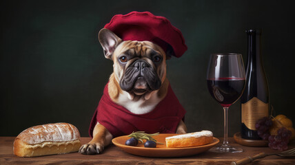 Dog french bulldog with red wine and baguette and french beret hat