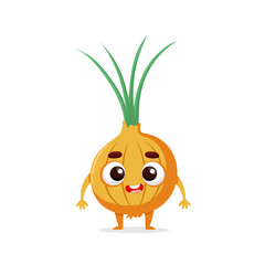 Funny cartoon onion. Kawaii vegetable character. Vector food illustration isolated on white background