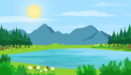 spring landscape with lake, trees, sun and mountains in background