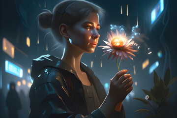 girl holding a flower in the dark night. Generative AI