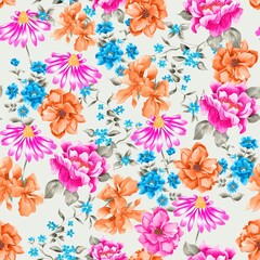 Watercolor flowers pattern, pink, blue and orange tropical elements, green leaves, gray background, seamless