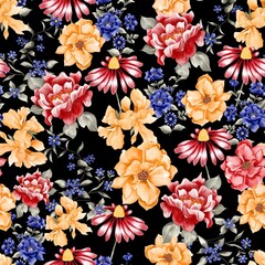 Watercolor flowers pattern, red, yellow and navy blue tropical elements, green leaves, black background, seamless