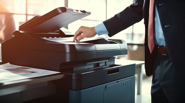 Photocopier, office worker press copy button on control panel to use copier or copier for scanning documents. generative AI