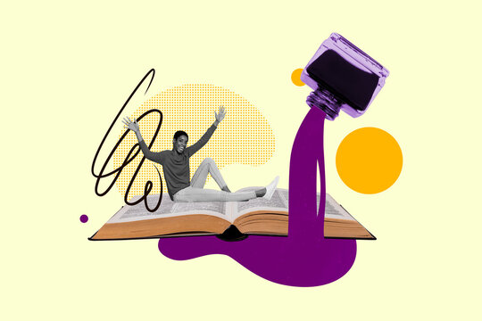 Collage picture image of happy smiling person novelist sitting paper page write poem poetry inkwell doodle isolated on drawing background