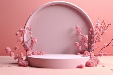 3d Japanese style minimal background. pink podium and cherry blossom background for product presentation.