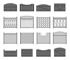Black fence collection. Farm palisade, country garden wall, security private fence, yard protection. Vector isolated set. Boundary ironwork construction, black outdoor wrought gate