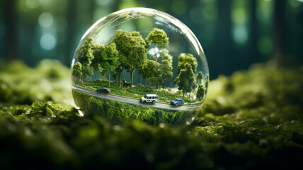 Eco car on forest road with earth planet going through forest, Ecosystem ecology healthy environment road trip travel generative ai - obrazy, fototapety, plakaty
