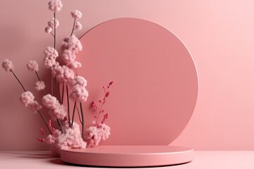3d Japanese style minimal background. pink podium and cherry blossom background for product presentation.