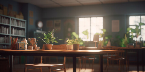 Serenely Empty Classroom Bathed in Radiant Natural Light - AI generated