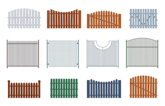 Wooden and metal fence. Barbed wire and board netting, horizontal and vertical boundary elements, farm and garden security constructions. Vector illustration. Rural territory, yard protection