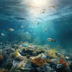 Naklejka na ściany i meble Fish in garbage in the ocean
