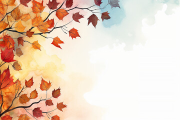 Watercolor painting of leaves in autumn season. Orange color tone. Generative AI.