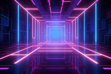 Abstract blue pink neon light background. Glowing neon lines. Geometric tunnel portal neon light. Rectangular laser lines. Night club room interior. Stage laser show. LED technology.