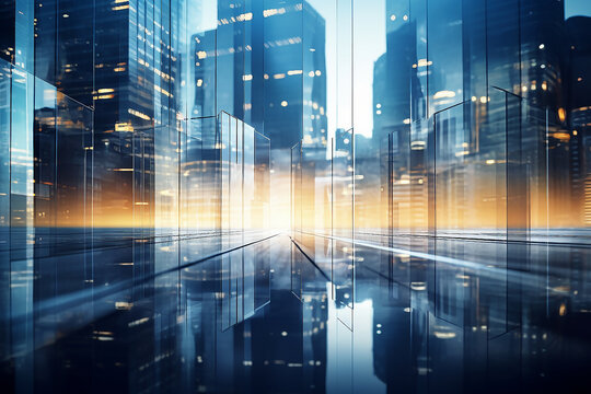 Blurred building of offices with light, Generative AI