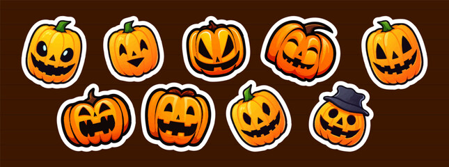 Halloween pumpkins cute illustration. Set of carved pumpkin cartoons with funny faces