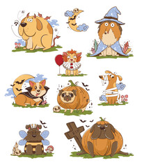 Fototapeta premium Funny cartoon poro dogs in halloween costumes. Scary funny character for halloween. Vector illustration of pets