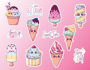 Bundle of stickers with kawaii cartoon doodle ice cream. Pastel colors. Vector illustration of cute food.