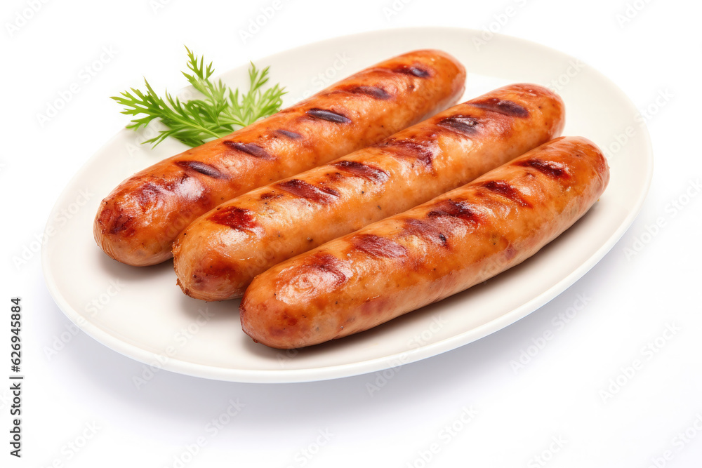 Wall mural grilled sausage bbq on plate isolated on white background