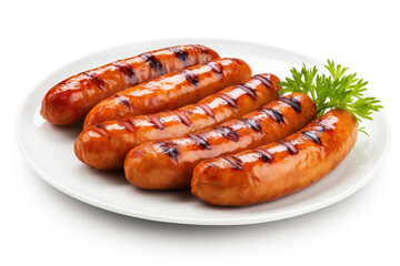 grilled sausage bbq on plate isolated on white background - obrazy, fototapety, plakaty