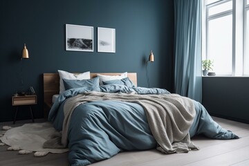 Minimalist modern bedroom with blue wall, grey bed, and white beddings. Plenty of space for creativity. Generative AI