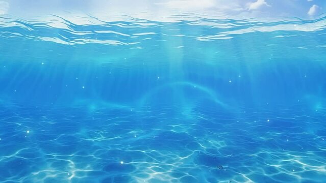 Underwater slow motion shot of sun rays shining through the surface of the clear blue peaceful ocean. HD video animation 4K