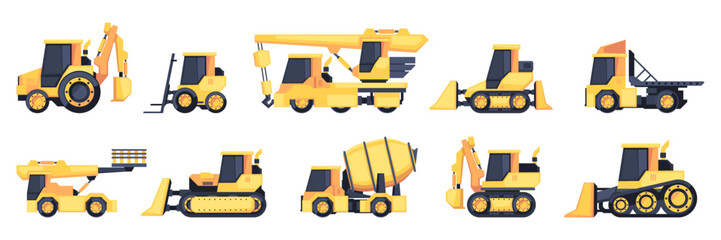Obraz na płótnie Canvas Heavy machinery. Tractor loader excavator car bulldozer, mining and construction equipment for building digger, loading and unloading concept. Vector set. Yellow industrial transport