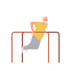 Senior pensioner on retirement doing physical exercise outdoors pulling up on street bar equipment