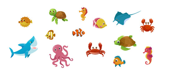 Ocean life. Marine set with sea creatures for girls and boys, drawings for children's day and birthday