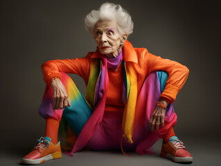 Old women exercise poses in fitness gym workout outfits colorful fashionista 1980s retro style 