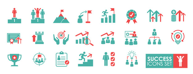 Success icons set. Solid icon style. Containing reward, winner, ribbon, star, cup, and more. Simple web icons set