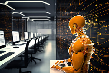 Robot cyborg working in data control room with network connection line. Concept for technology background. Generative AI