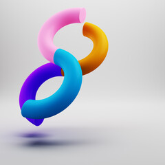 Abstract minimal scene. Geometric bolded shapes colorful bended cylinders on bright gray background