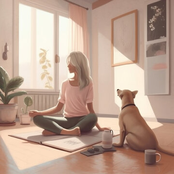 dog woman lifestyle yoga cartoon home happy fitness training body sport. Generative AI.