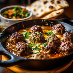 Turkish meatballs with a side of freshly baked pita bread, showcasing the savory and aromatic flavors of this popular Turkish dish. Ai Generative - obrazy, fototapety, plakaty