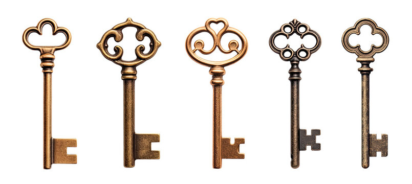 Set of vintage keys isolated on transparent background