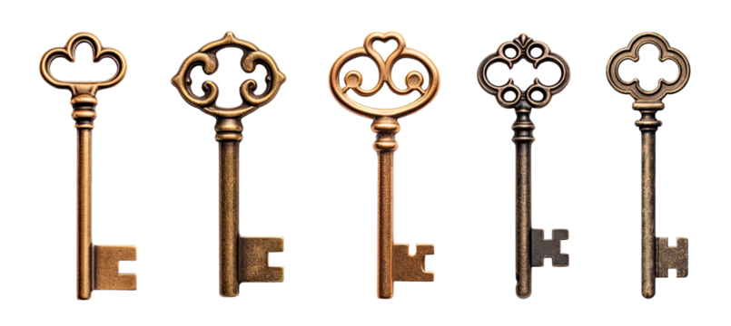 Set of vintage keys isolated on transparent background