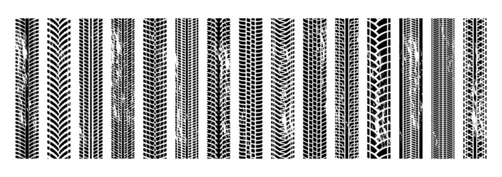 Grunge Automobile Tracks. Black Rubber Tire Marks And Tread Marks For Auto And Moto Racing. Vector Isolated Collection. Vehicle Dirty Trace, Transport Wheels Driving Prints Black Design