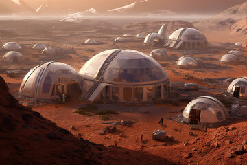 Generated AI concept of a future human spaceship landing on Mars planet for colonization.