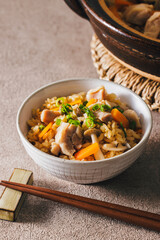 茶碗に盛り付けた五目炊き込みごはん