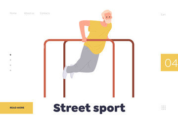 Street sport promotion landing page design template with athletic senior man training outdoors