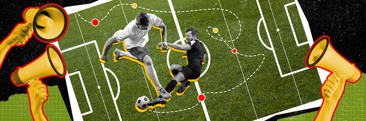 Game strategy. Two men, football players in motion, hitting ball on sports field. Training before...