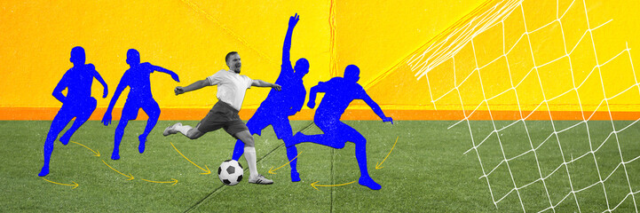 Development of movements. Professional football player in motion with ball, scoring winning goal during match. Contemporary art collage. Concept of sport, betting, game, competition. Banner ad