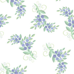 Plant with green leaves and blueberry fruits pastel colored flat design seamless pattern stock vector illustration for web, for print