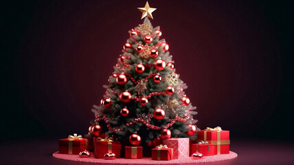 Beautiful Christmas tree and gifts on blurred lights background