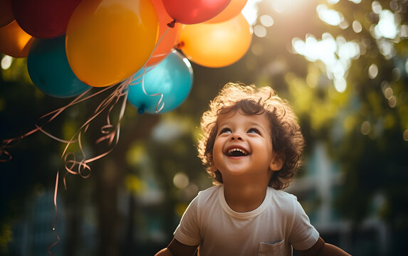 a little boy who is laughing happily while playing balon