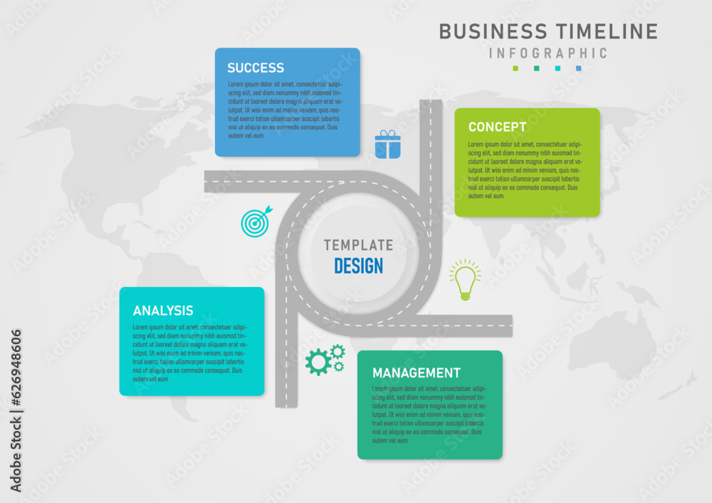 Poster 4 step business planning infographic the gray circular road in the center has buttons and letters in